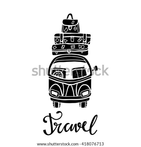 Black silhouette, icon car with luggage, isolated. Calligraphic text travel. Hand drawn