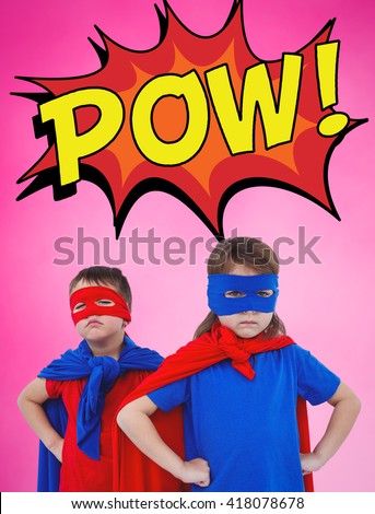Masked kids pretending to be superheroes against pink background