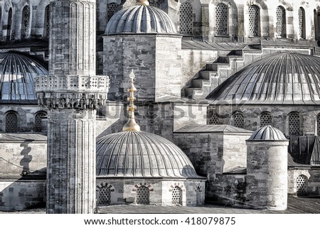 Closeup photo of a beautiful Blue Mosque background, details of an exterior of an ancient architectural masterpiece, black and white photo, Istanbul, Turkey