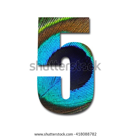 Number and letter from peacock tail on white background