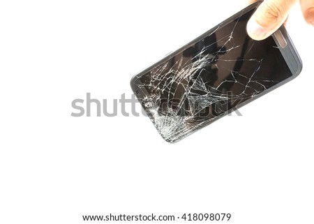 Smartphone drop to the floor and screen damage broken isolated on white background