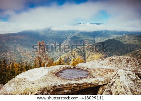 Great view of the magic valley under cloudy blue sky. Dramatic scene and picturesque picture. Location place Carpathian, Ukraine, Europe. Beauty world. Retro and vintage style. Instagram toning effect
