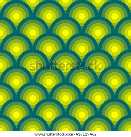 Retro geometric seamless pattern with bright green circles and waves, vector illustration for backgrounds, wrapping paper, textile prints, wallpapers.
