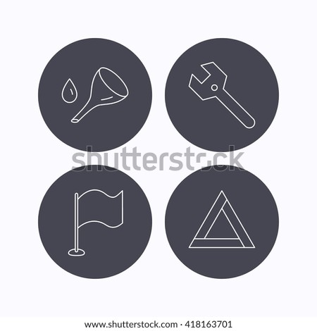 Flag pointer, emergency sign and wrench key icons. Emergency triangle, oil change linear signs. Flat icons in circle buttons on white background. Vector