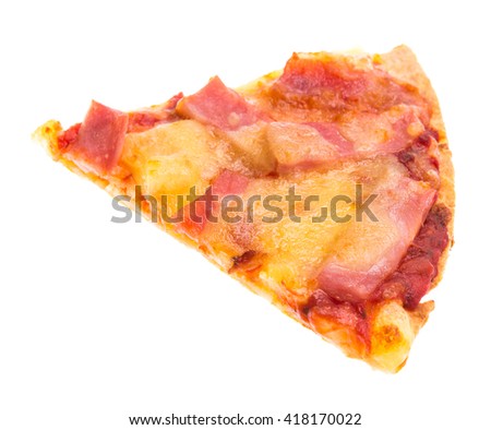 Single slice of Hawaiian pizza isolated over white background