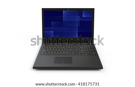 3d render of a black laptop isolated on white. The screen shows a blue abstract squares  image.  the screen is open and facing forward