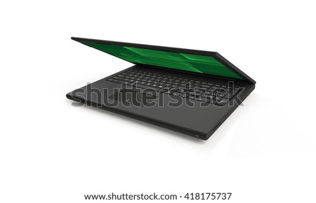 3d render of a black laptop isolated on white. The screen shows a green abstract squares  image. the laptop screen is half closed and facing forward