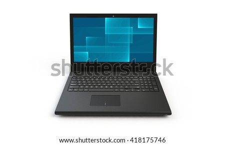 3d render of a black laptop isolated on white. The screen shows a blue cyan abstract squares  image.  the screen is open and facing forward