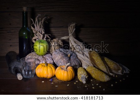 Green apple with sere fruit and corn whiskey /Image still life style