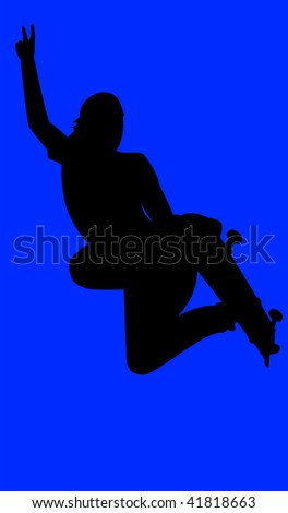 Teenager extremely jumping on a skateboard. Silhouette on blue background (Raster)