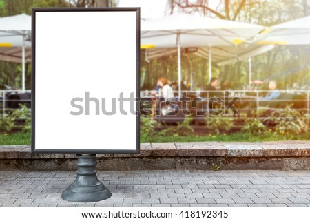 Mock up of street restaurant vertical menu board. Lens flare effect