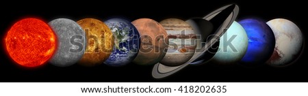 Solar system. Planets on black background. Sun, Mercury, Venus, Earth, Mars, Jupiter, Saturn, Uranus, Neptune, Pluto. Elements of this image furnished by NASA.