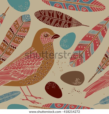 Vector illustration of a bird, feathers and eggs. Spring theme seamless pattern.

