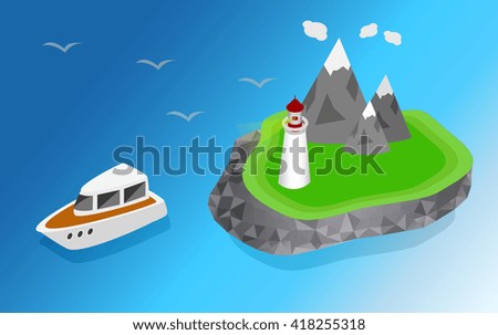 Maritime lighthouse on the island isometric style. The ship is sailing to the lighthouse vector isometric illustration