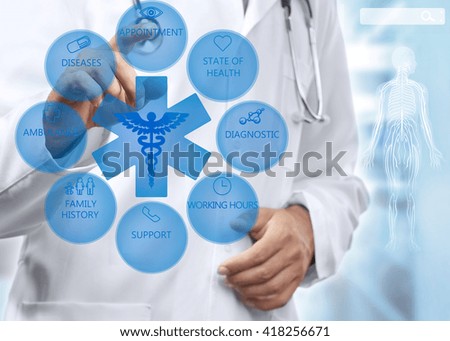 Doctor hands pushing button on virtual screen. Medical technology concept