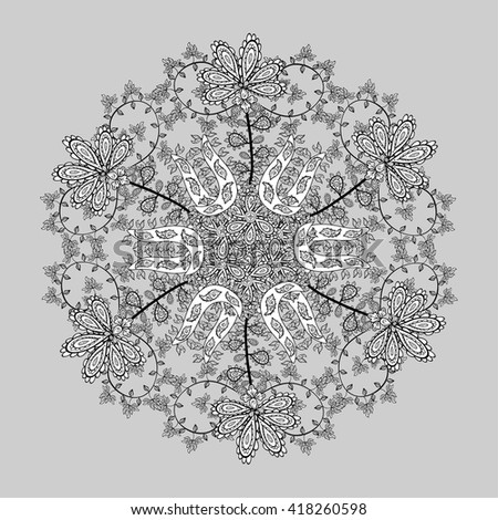 Ornamental round lace pattern, circle background with many details, looks like crocheting handmade lace. Vector illustration.