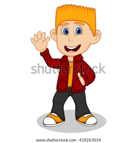 Boy with red jacket and black trousers waving his hand cartoon vector illustration