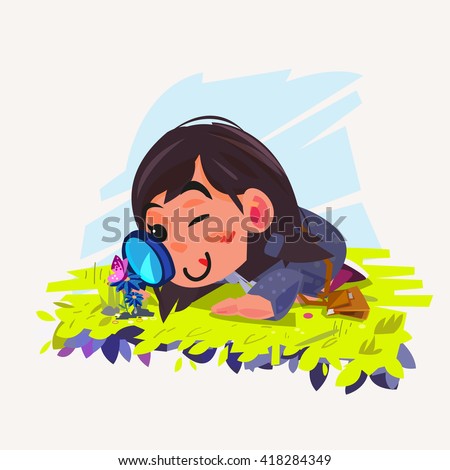 cute girl looking through a magnifying glass at butterfly on flower - vector illustration
