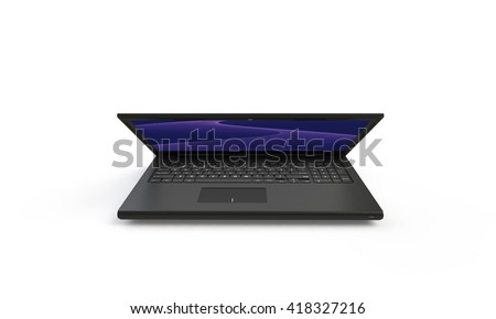 3d render of a black laptop isolated on white. The screen shows a blue  abstract wave image. the screen is half closed and facing forward