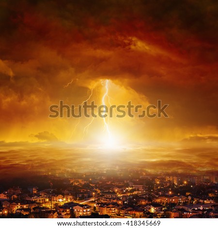 Apocalyptic background - judgment day, end of world, huge powerful lightning hits city from red glowing skies Royalty-Free Stock Photo #418345669