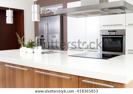 Conception of modern kitchen with household goods Royalty-Free Stock Photo #418365853