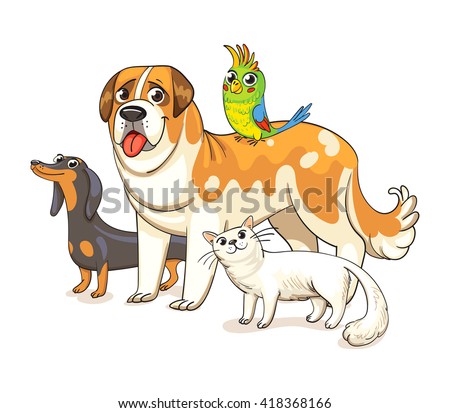 Two dogs, a cat and a parrot standing together. Best friends ever. Funny cartoon character. Vector illustration. Isolated on white background