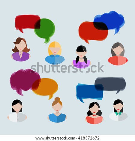 Set of women icons with colorful quote bubbles. Female avatars with speech bubbles. Vector.
