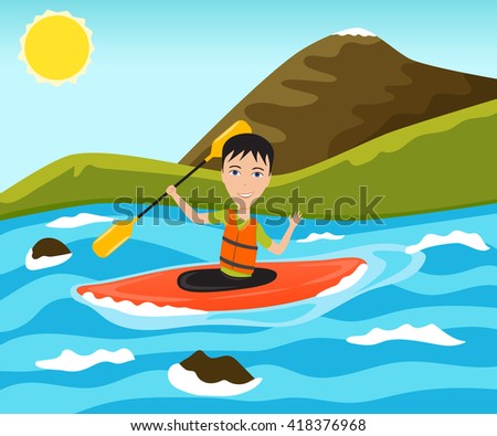 Rafting and kayaking sport. Funny man waves his hand. Vector illustration.
