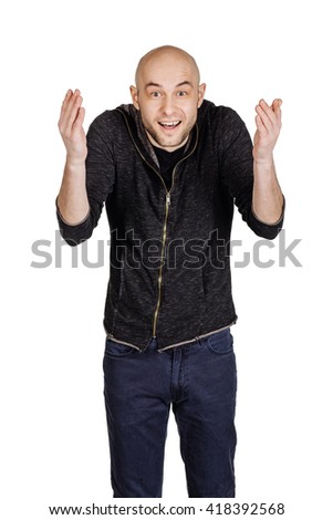 portrait young bald man explaining something and gesturing with his hands. emotions, facial expressions, feelings, body language, signs. image on a white studio background.