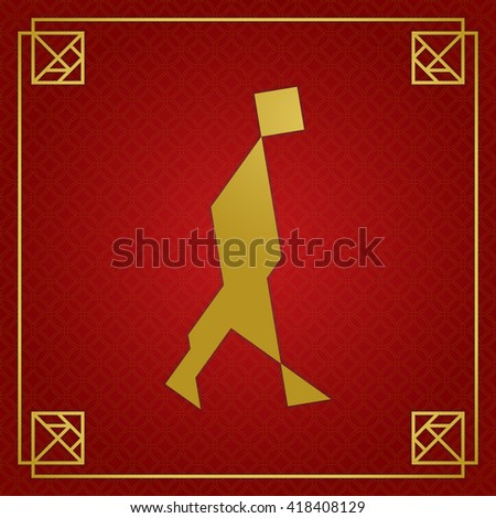 Tangram man walking. Traditional Chinese tilling puzzle tangram task card (outline, silhouette), intellectual game for kids and adults, education through play concept. Vector illustration