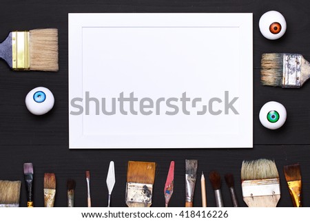 Desktop workplace designer, artist, painter top view. modern trend template for advertising. Mockup, layout, template for brochure, banner space for text. View from above with copy space
