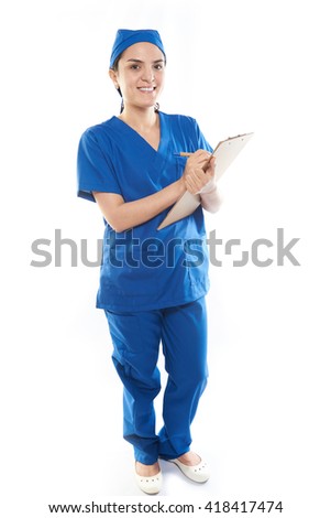 girl intern doctor with clipboard on white background