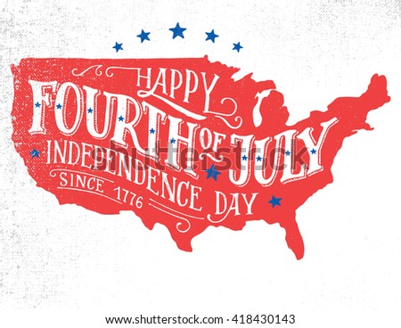Happy Fourth of July. Independence day of the United States, 4th of July. Happy Birthday America. Hand-lettering greeting card on textured sketch of silhouette US map. Vintage typography illustration Royalty-Free Stock Photo #418430143