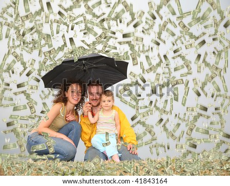 family with little girl with umbrella under dollar rain collage