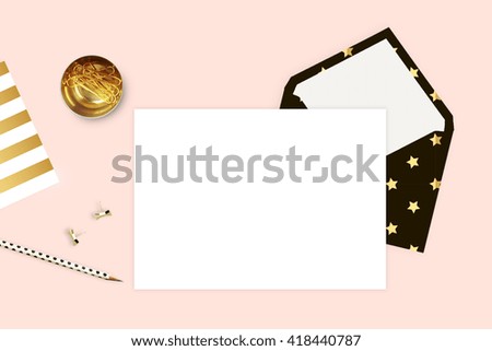 Modern background. Mock-up for your photo or text Place your work. Woman desktop, template card. Header website or Hero website. Flat lay. Open envelope with blank
