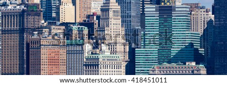 Details of the diverse architecture of New York City's Financial District; panoramic photo