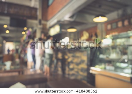 Blur image of interior in cafe. Customers come to meet and enjoy in restaurant background concept with bokeh. Abstract blurred photo of coffee shop. Defocused cafeteria backdrop.