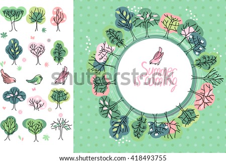 Summer greeting card. Phrase Summer is coming. Blossoming trees and flowers. Round frame. Template for your design, festive greeting cards,  announcements, posters.