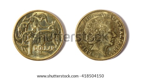 Australian one dollar coin front and rear view isolated on white background