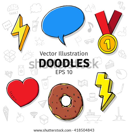 Doodle objects with inscription, vector hand drawn illustration, eps 10