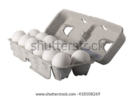 A carton of a dozen fresh eggs, angled view Royalty-Free Stock Photo #418508269