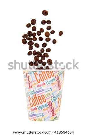 Paper cup and falling coffee beans isolated on white background.