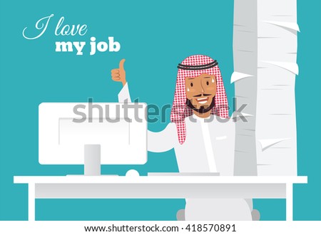 Portrait of handsome arabic office worker at his desk doing thumb up sign. I love my job and paperwork concept. Daily routine, lot of work. Vector flat illustration