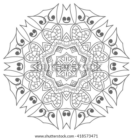 Black and white geometric mandala background. Round ornament decoration, isolated design element. Zentangle art for coloring book. Tribal ethnic floral mandala pattern doodle sketch for coloring page 
