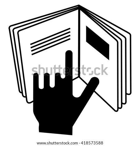 Refer to insert cosmetics symbol , a hand pointing at a book icon , vector illustration Royalty-Free Stock Photo #418573588