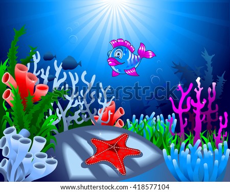 gold fish and starfish on the ocean floor, including coral
