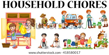 Family members doing different chores illustration