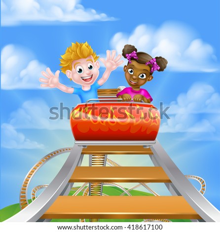 Cartoon boy and girl riding on a roller coaster ride at a theme park or amusement park