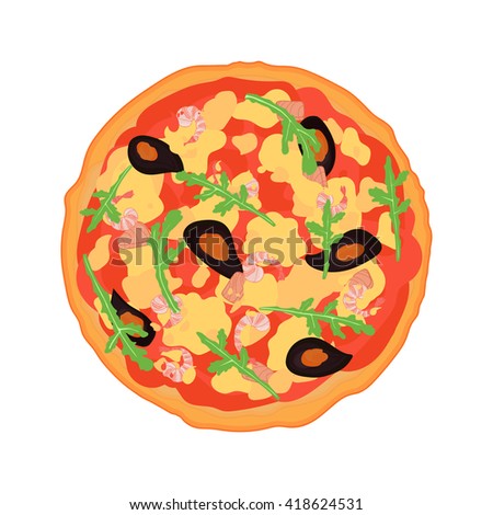 Flat Italian pizza with fish, mussels, arugula, shrimp and a variety of sauces. Hand drawn vector illustration.