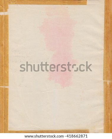 Grunge paper texture with wrinkled edges, water marks and aged tape border (color)